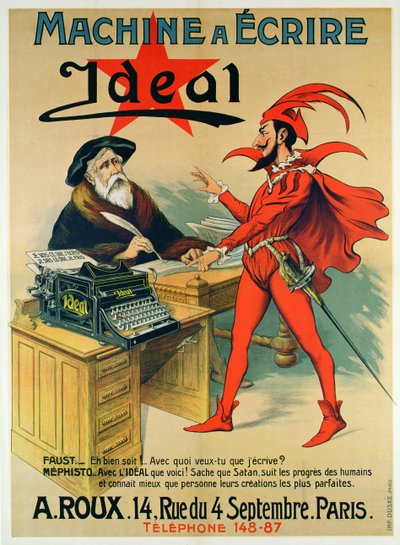 Poster pubblicitario della macchina da scrivere Ideal da French School