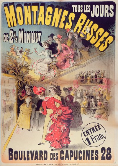 Poster pubblicitario per le Montagnes Russes Roller Coaster nel Boulevard des Capucines, Parigi, 1888 da French School