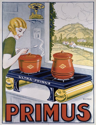 Poster pubblicitario del fornello Primus, stampato da Dampenon & Elarue da French School
