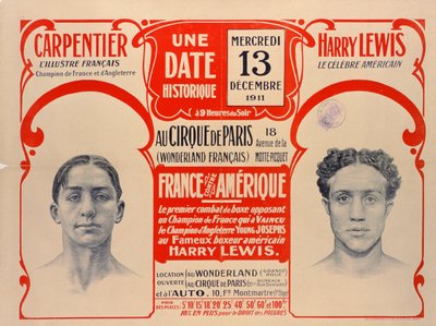 Poster pubblicitario per il match di boxe tra Carpentier e Harry Lewis, 1911 da French School
