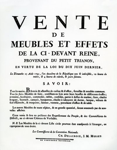 Poster pubblicitario per la vendita dei mobili e degli effetti di Maria Antonietta il 25 agosto da French School