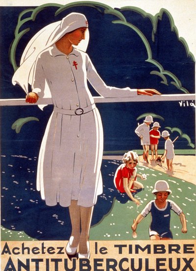 Poster per Compra il cerotto TB pubblicato dal Comitato Nazionale per la Difesa contro la Tubercolosi. Litografia 1917. da French School