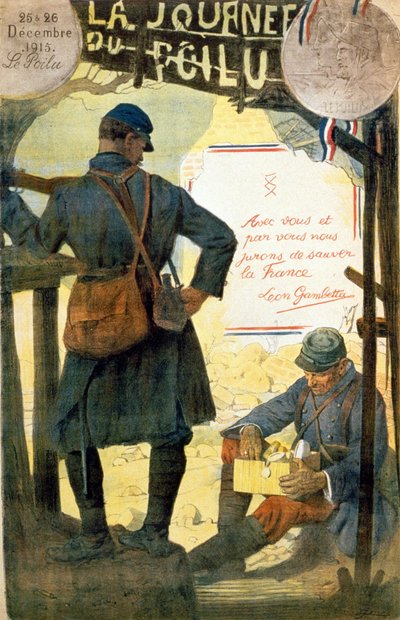 Poster per "La giornata del poilu - 25 e 26 dicembre 1915" con la citazione di Léon Gambetta "Con voi e per voi giuriamo di salvare la Francia". (un peloso che apre la scatola ricevuta dalla sua famiglia) da French School