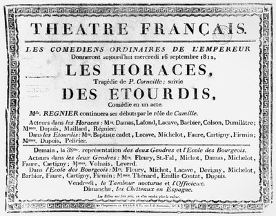 Poster per la rappresentazione di Les Horaces di Pierre Corneille (1606-84) al Theatre Francais di Parigi, 1812 da French School