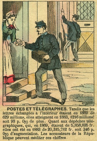 Poste e telegrafi, illustrando il buon funzionamento delle telecomunicazioni e delle Poste grazie alla Repubblica. Incisione, in 