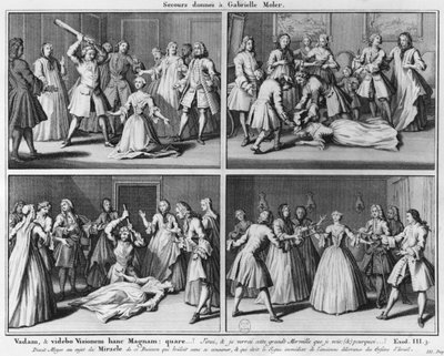 Pratica di assistenza a Gabrielle Moler, illustrazione da La verite des miracles de M. de Paris... di Louis Basile Carre de Montgeron, 1747, Colonia da French School