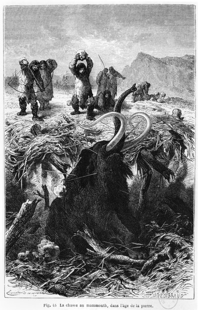 Uomini preistorici che cacciano un mammut, illustrazione da L
