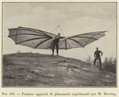 Primo apparecchio di planamento sperimentato da M Herring (incisione) da French School