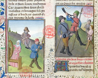 Preparazione delle reti per la caccia, dal Livre de la Chasse di Gaston Phebus de Foix (1331-91) da French School