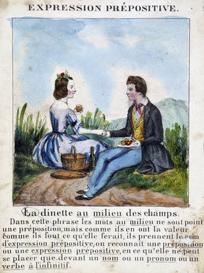 Espressione prepositiva (La dinette au milieu des champs) - libro di grammatica illustrato, circa 1850 da French School