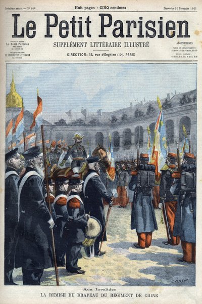 Presentazione della bandiera del Reggimento di Cina dal generale Faure Biguet al generale Arnoux governatore agli Invalides a Parigi, in 