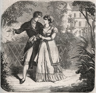 Principessa del Galles Carolina di Brunswick (1768-1821) che passeggia con il suo amante, Bartolomeo Bergami. Incisione del 1871 in "Histoire Des Cocus Celebres" di Henry de Kock (1819-1892). da French School