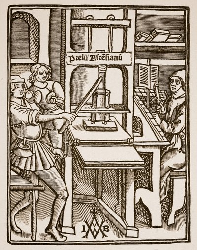 Pressa da stampa, pagina del titolo di Hegesippus, stampata da Jodocus Badius Ascensius, Parigi, 1511 da French School