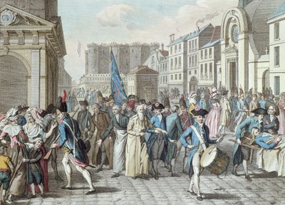 Prigionieri in rue Saint-Antoine dopo il rilascio dalla Bastiglia il 14 luglio 1789 da French School