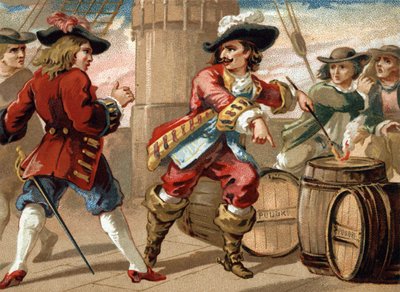 Il corsaro Jean Bart (1650-1702) minacciò un corsaro inglese che lo aveva fatto prigioniero minacciandolo di far saltare in aria la sua nave incendiando una botte di polvere. Cromolitografia della fine del XIX secolo da French School