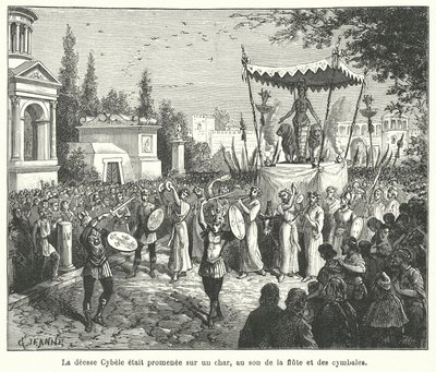 Processione del carro della dea romana Cibele, preceduta da suonatori di pifferi e cimbali (incisione) da French School