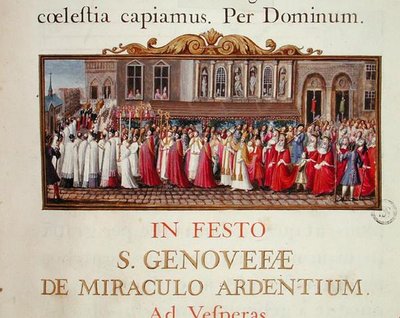 Processione del reliquiario di Santa Genoveffa, da un manoscritto per una messa dedicata a Santa Genoveffa da French School