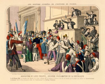 Proclamazione della Seconda Repubblica Francese durante la rivoluzione di febbraio, 24 febbraio 1848, foglio illustrato pubblicato da Gadola, Lione, 1848 da French School