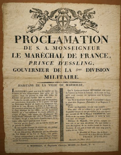 Proclamazione agli abitanti della città di Marsiglia, datata 9 marzo da French School
