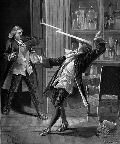Professor Georges Guillaume Richmann (1711-1753) morì nel suo laboratorio durante un esperimento con un elettrometro da French School