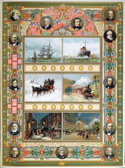Progresso durante il regno della regina Vittoria (1819-1901). Navi a vela, navi a vapore, treno a vapore e illuminazione stradale a gas ed elettrica, 1887 da French School