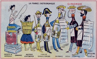 Carta promozionale ed educativa per bambini raffigurante specialità alimentari della regione della Gironda, c.1910 da French School