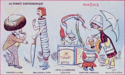 Carta promozionale ed educativa per bambini raffigurante specialità alimentari della regione del Rodano, c.1900 da French School