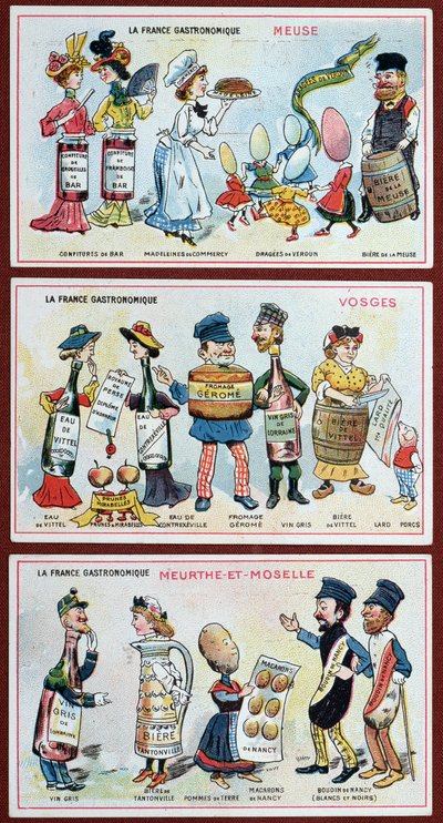 Carte promozionali ed educative per bambini raffiguranti specialità alimentari della regione della Lorena, c.1910 da French School