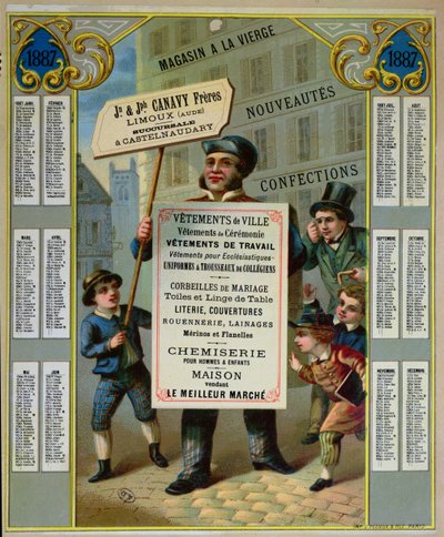 Calendario promozionale per il 1887 pubblicizzando i sarti e la merceria Canavy Freres, c.1886 da French School