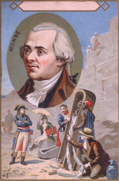 Carta promozionale raffigurante Gaspard Monge (1746-1818) che presenta una mummia a Napoleone Bonaparte (1769-1821) durante la campagna egiziana, fine XIX secolo da French School