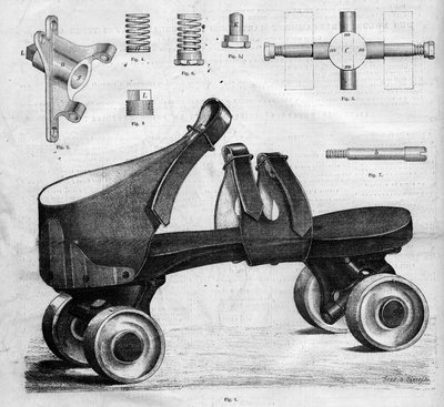 Prototipo di pattini a rotelle. Incisione in 