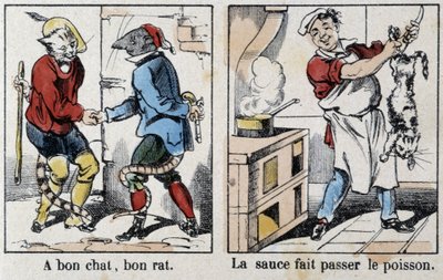 Proverbi in immagini di Epinal: “Un buon gatto, buon topo” e “La salsa passa il pesce” - immagine di Epinal da French School