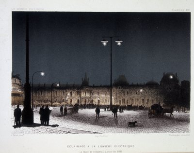 Illuminazione pubblica con luce elettrica sulla place du carrousel a Parigi 1883 - in "Magnetismo ed Elettricità" di Amedee Guillemin da French School