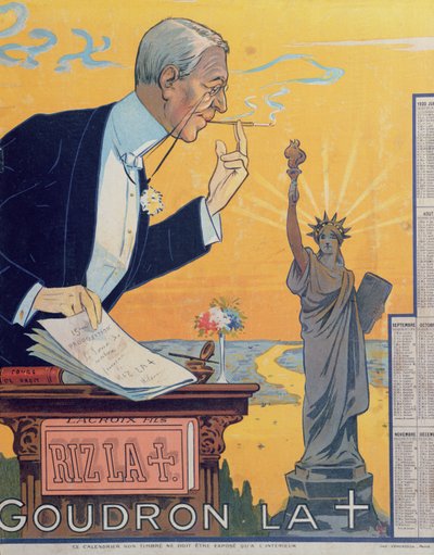 Calendario pubblicitario per il produttore di cartine per sigarette Rizla, raffigurante il presidente Woodrow Wilson (1856-1924) e la 15ª proposta per la Società delle Nazioni, 1920 da French School