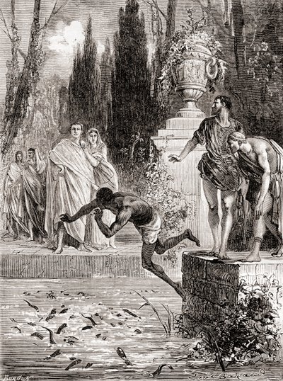 Publio Vedio Pollione, cavaliere romano, che dà in pasto uno schiavo alle sue murene, da Les Merveilles de la Science, pubblicato c.1870 da French School