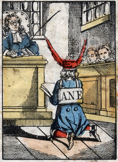 Punizione a scuola: Alunno punito, con un cappello da asino. Immagine di Epinal della fine del XIX secolo. da French School
