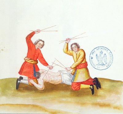 Punizione con bastoni, da Voyage en Russie, 1731 da French School
