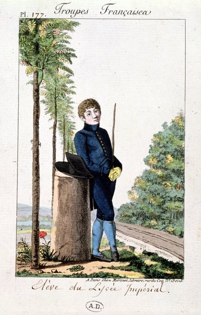 Allievo del Liceo Imperiale di Parigi appoggiato a un albero, tavola 177 da Troupes Francaises da French School