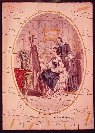 Pezzi di puzzle raffiguranti una donna che dipinge a un cavalletto, c.1840-50 da French School