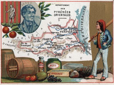 Pyrénées Orientales (66), Linguadoca-Rossiglione, Francia. Ritratto di Dominique François Jean Arago (1786-1853). Specialità locale: miele e sardine. Serie sui Dipartimenti Francesi. Cromolitografia "il filo geografico" da French School