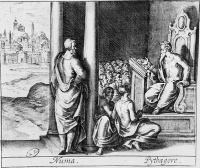 Pitagora (c.570-480 a.C.) insegna a una classe di studenti, illustrazione da Le Metamorfosi di Ovidio da French School