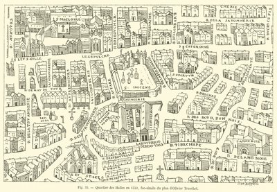 Quartiere delle Halles nel 1550, fac-simile del piano di Olivier Truschet da French School
