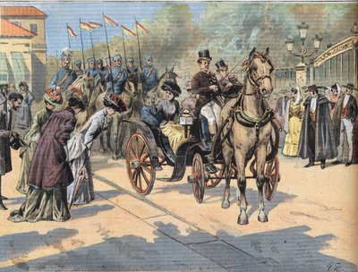 La regina Maria Cristina di Teschen (1858-1929) saluta le regine delle Marche di Parigi, dal giornale "Le Petit Parisien" da French School