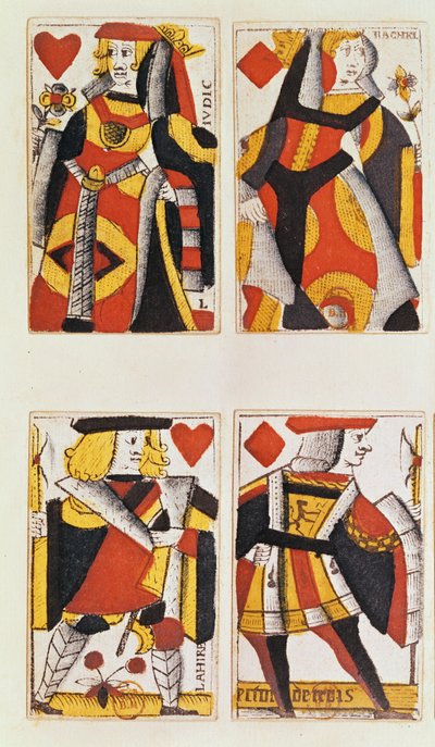 Regina e Fante che giocano a carte (incisione colorata su legno) da French School