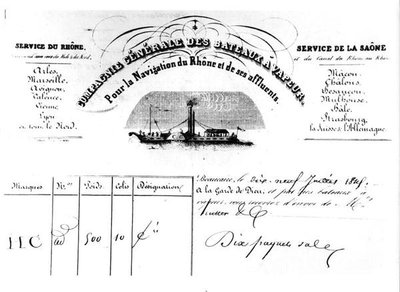 Ricevuta per merci emessa dalla Compagnie Generale des Bateaux Vapeur Pour la Navigation du Rhone et de ses affluents da French School