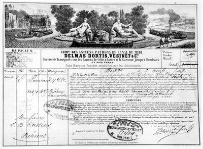 Ricevuta emessa dalla Compagnie du Canal du Midi per il trasporto di merci da Bordeaux a Beziers, 1857 da French School