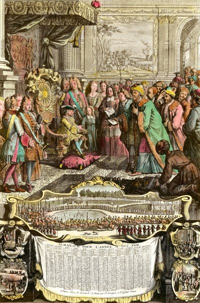 Ricevimento di Mehemet Effendi ambasciatore turco del grande Sultano Achmet da Luigi XV il 21 marzo 1721 alle Tuileries. Incisione del XVIII secolo. Collezione privata. da French School
