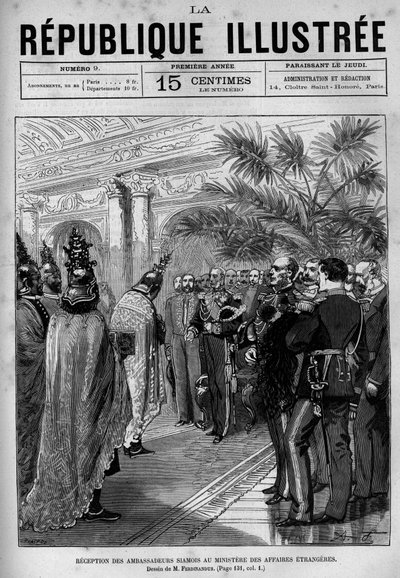 Ricevimento degli ambasciatori siamesi al Ministero degli Affari Esteri. Un giornale. Incisione del 1880 in "La republique illustree" collezione privata. da French School