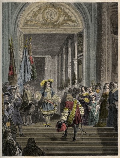 Ricevimento del Gran Condé a Versailles da parte di Luigi XIV - scala degli ambasciatori - incisione in 
