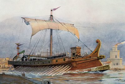 Ricostruzione di una nave romana che lascia l